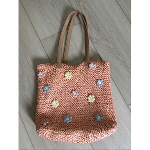 Cat & Jack Orange Floral Applique Tote Bag Lined Magnetic Closure Tan Straps